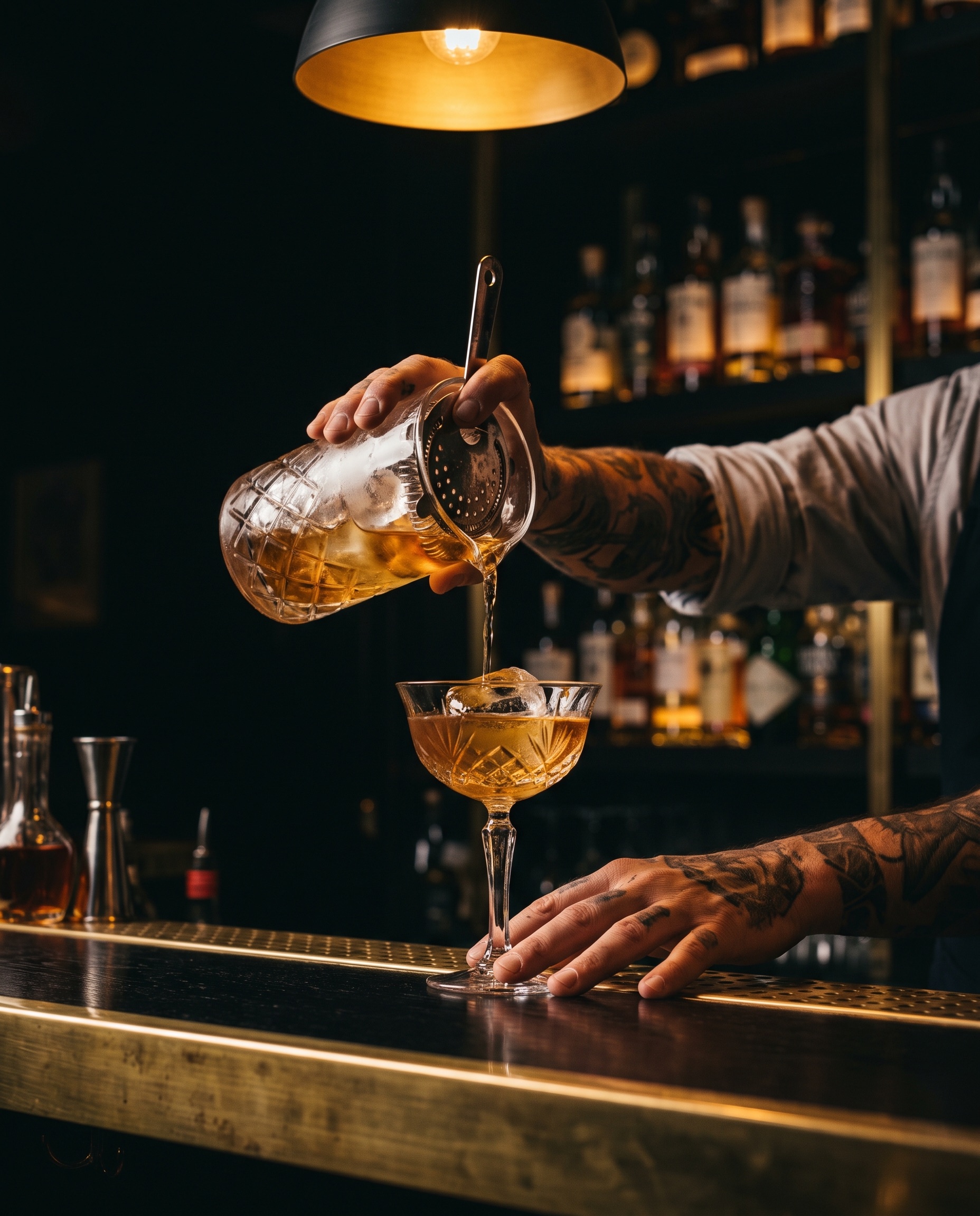 Bartender pouring an amber cocktail at the brass bar