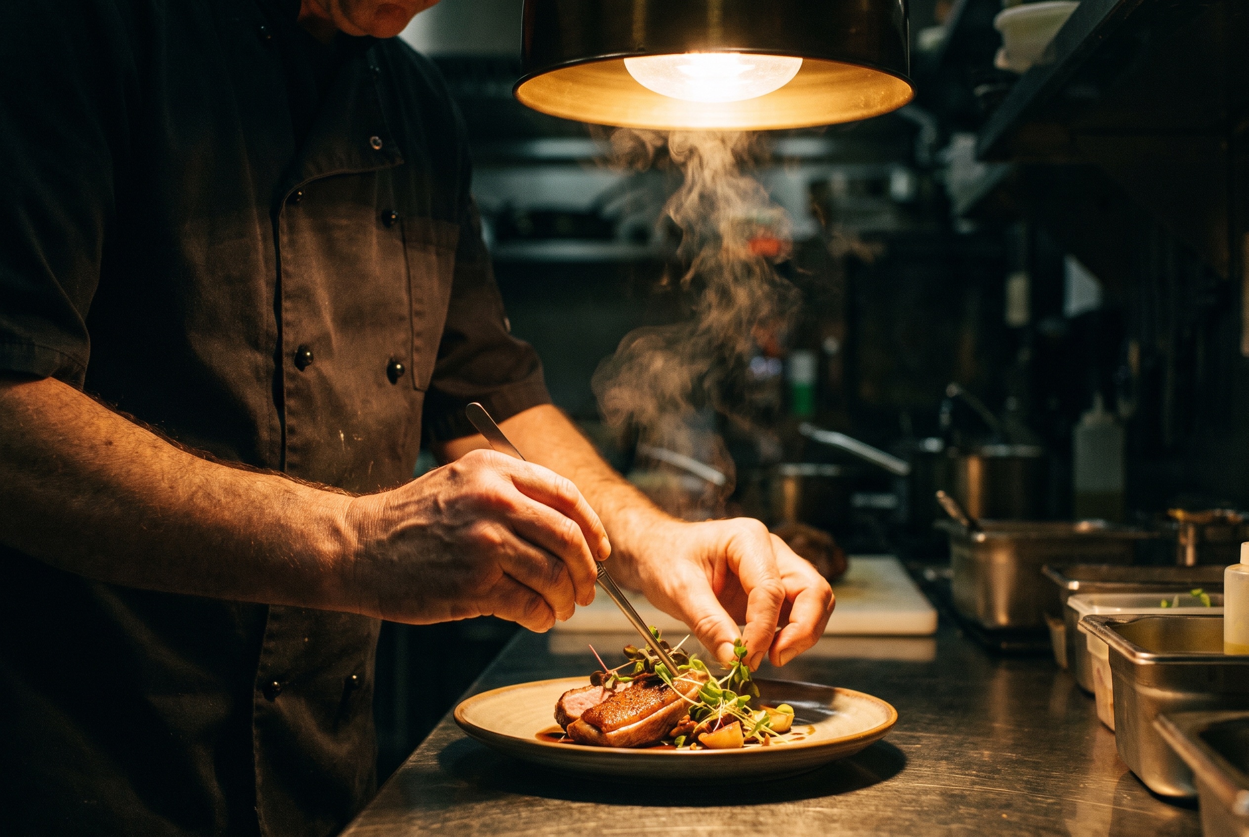 Chef's hands plating a dish under a single spotlight in a dark kitchen