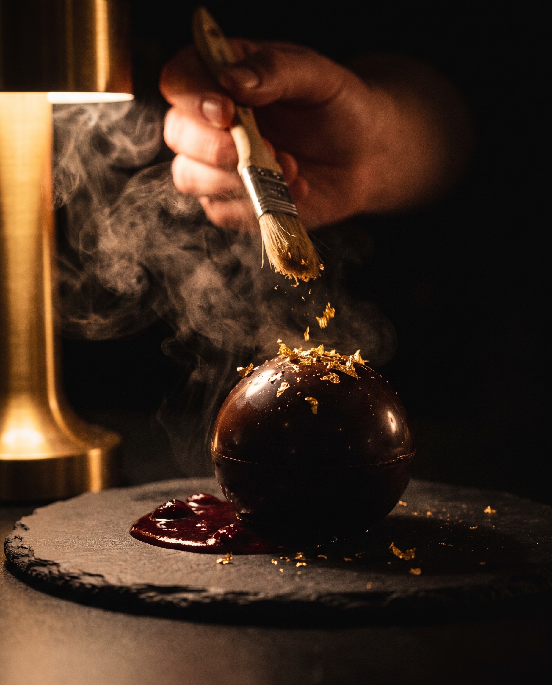 Dark chocolate dessert course with gold leaf and burgundy coulis