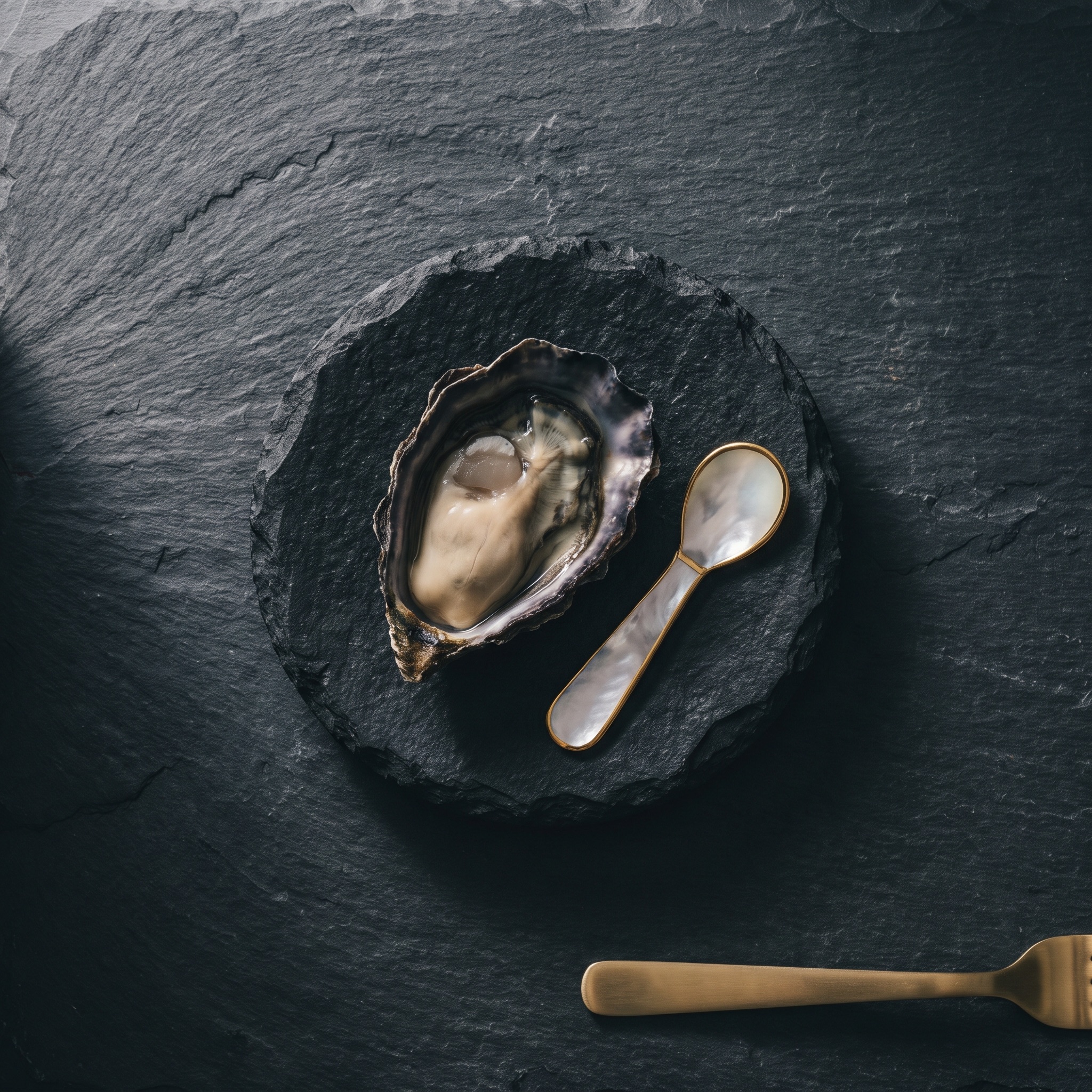 A single oyster course with gold-rimmed mignonette spoon on black stone
