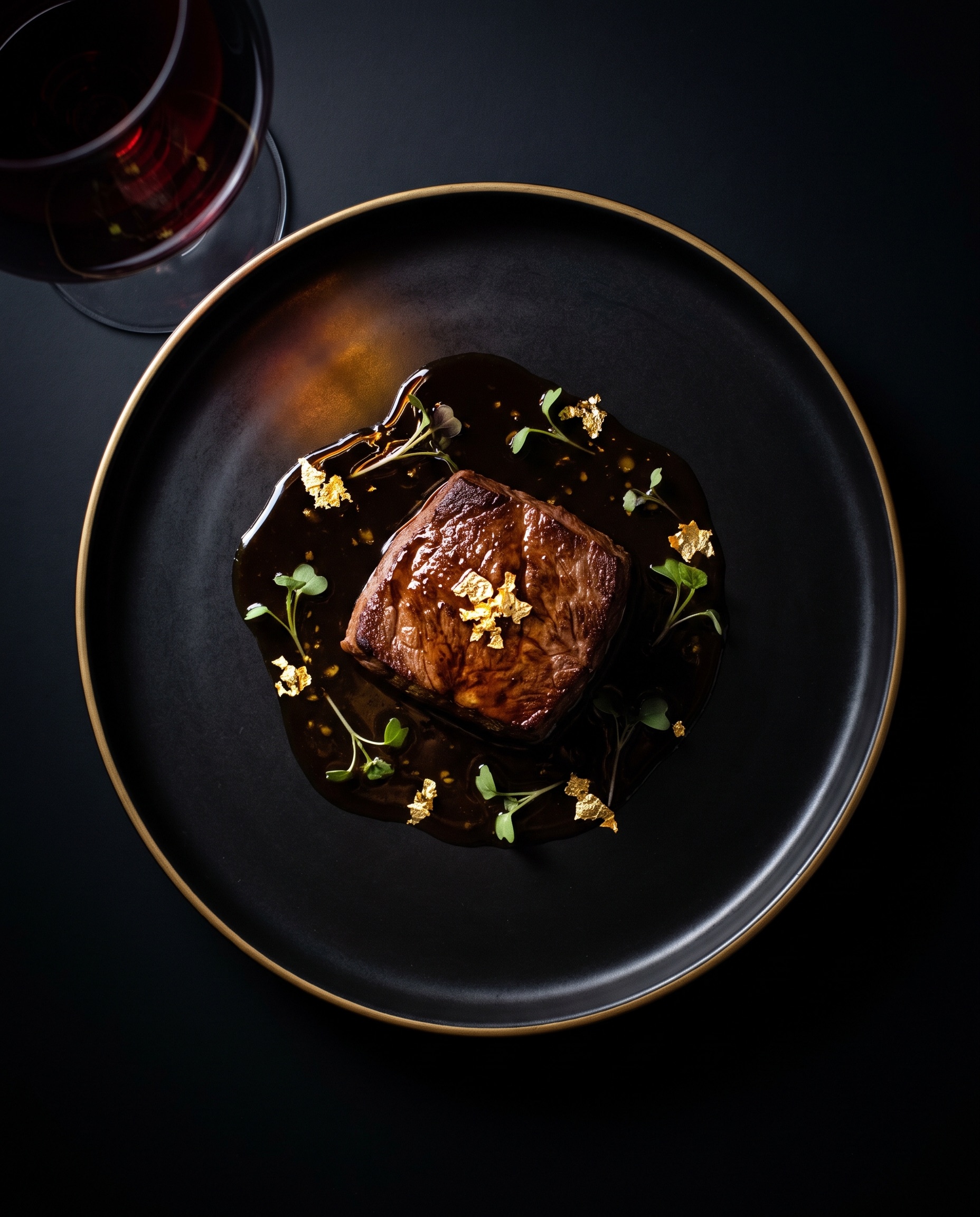 Seared wagyu beef course with dark jus and gold leaf garnish