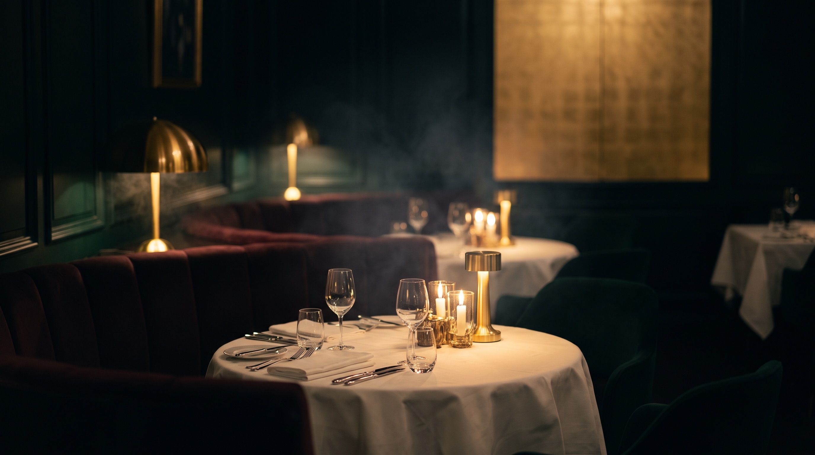 Candlelit dining room at Nocturne, near-black atmosphere with brass and burgundy accents