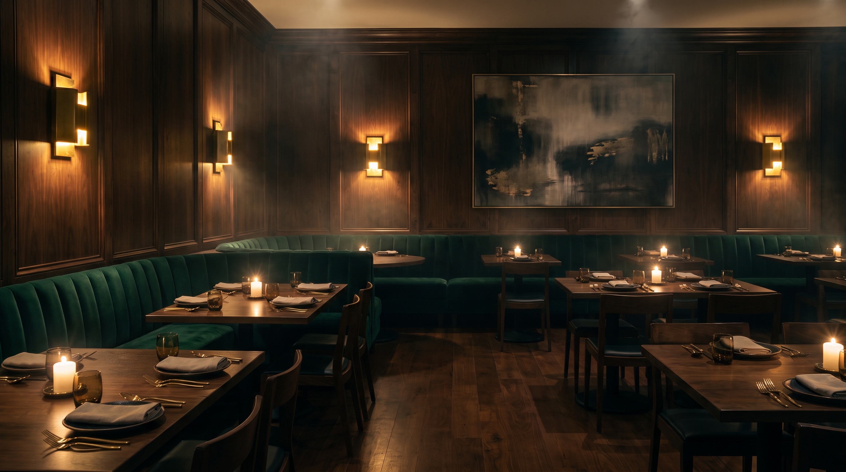 Emerald velvet booth seating with brass wall sconces
