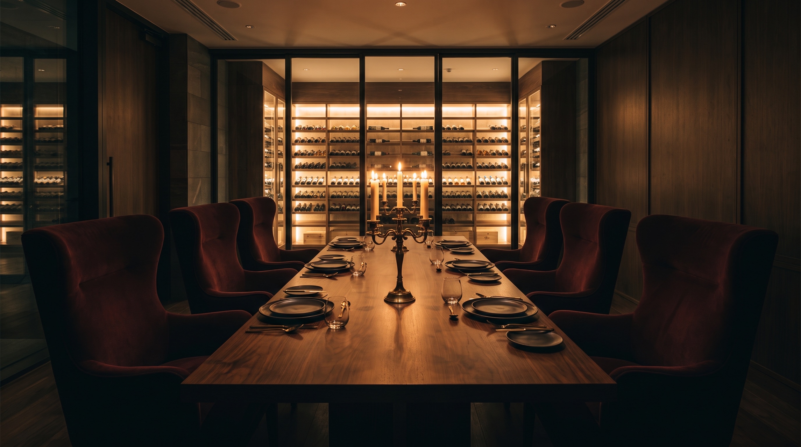 Private dining room with candelabras and wine cellar wall